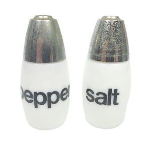 Vintage Gemco Salt Pepper Shakers Ceramic White Metal Lids MCM MId Century